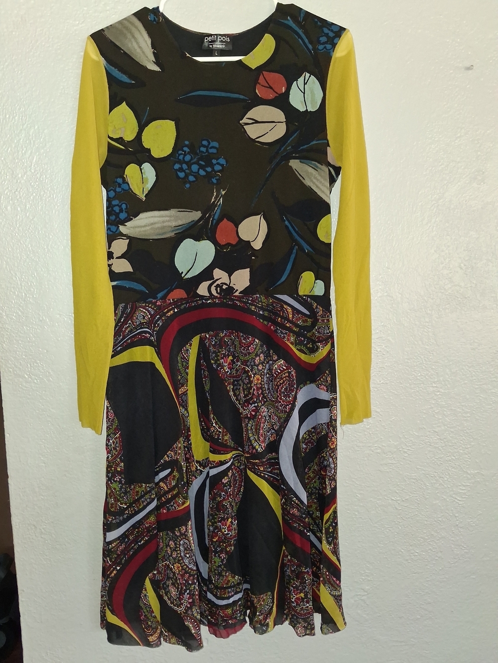 Petit Pois Abstract Mesh Sleeves Fall Color Art To Wear Fairy Midi Dress L